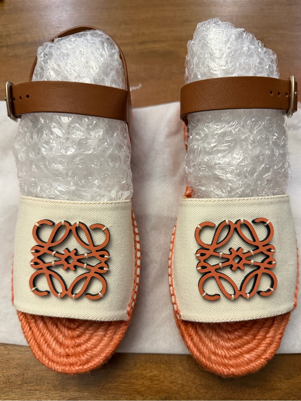 Loewe Anagram Espadrille Cream Canvas & Coral Rope Slide Sandals with Tan Strap